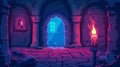 Cartoon modern game spooky dungeon with stone walls and arched doors with human hands holding a candle with burning Royalty Free Stock Photo