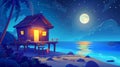 Cartoon modern illustration of a beach hut on a tropical island at night, a summer shack with glowing windows under Royalty Free Stock Photo