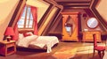 Cartoon modern illustration of a cozy loft hotel apartment with a sloping roof, mansard floor, wardrobe, dressing table