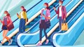 Cartoon modern illustration depicting people wearing medical masks riding the escalators of a mall. A moving staircase