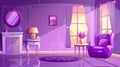 This is a cartoon modern illustration of an empty purple living room with a cupboard, chair, table, a mirror, and wall Royalty Free Stock Photo