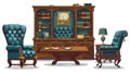 In this cartoon modern illustration, an office with wood furniture, leather chairs and couches, bookcases, lamps, and Royalty Free Stock Photo