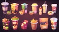 The Cartoon Modern Illustration set contains food boxes, carton bags, disposable takeout cups, sushi, rolls, pizzas Royalty Free Stock Photo