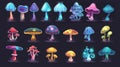 Cartoon modern illustration set of fantasy fairy tale fungi isolated on dark background. Funny alien psychedelic