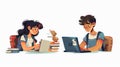 Cartoon modern illustration set of a male and female copywriter during the process of creating an essay. Illustration of
