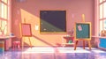 This cartoon modern illustration shows an empty artist studio interior with a blackboard, canvas on the easel, brushes Royalty Free Stock Photo