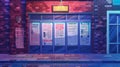 Cartoon modern illustration of a street newsstand with newspapers on the sidewalk against a brick wall at night. Title