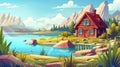 Cartoon modern landscape featuring hills on horizon, trees, bushes, water pond, and a cozy wood house or country chalet Royalty Free Stock Photo