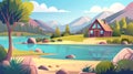 Cartoon modern landscape with hills on horizon, trees and bushes, a water pond, and a cozy wood house or countryside Royalty Free Stock Photo