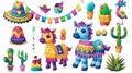 Cartoon modern patches with Mexican pinata donkey, colorful toy with treats, cactus, maracas, sombrero and flag garland Royalty Free Stock Photo