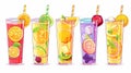 Cartoon modern set of summer drinks - cocktail or lemonade with ice cubes and fruit slices served in glass and plastic Royalty Free Stock Photo