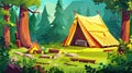 Cartoon modern summer illustration of campsite in woodland with green trees and grass, tourist equipment and clothes Royalty Free Stock Photo