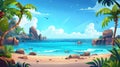 Cartoon modern tropical summer landscape with shore for vacation concept. Summer beach with sand, palm trees, calm water Royalty Free Stock Photo