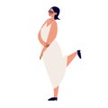 Cartoon modest woman dancing. A young pretty girl in a white long dress and dark glasses. Vector stock illustration