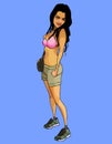 Cartoon modestly posing young woman in bra and shorts