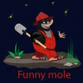 Cartoon mole in overalls and hat goes with a shovel along the track at night. For printing on baby clothes or a cup. Kids puzzles