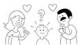 Cartoon mom and dad ask their kid which he likes more and kid is very confused, vector illustration