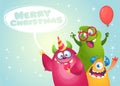 Cartoon monaters set greeting Merry Christmas. Vector illustration postcard