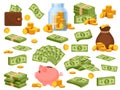 Cartoon money bag and piles. Piggy bank, banknote packs, wallet with dollar bills, gold stacks and sack with coins. Cash Royalty Free Stock Photo