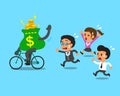 Cartoon money bag rides bike and business team