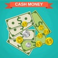 Cartoon money cash, green dollars and coins Royalty Free Stock Photo