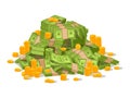 Cartoon money cash pile, dollar bill stack. Pile of green bills, stacks of banknotes vector illustration. Huge pile of golden Royalty Free Stock Photo