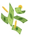 Cartoon money and coins. Paper cash, bills fly. Keeping money in bank. Green banknotes wealth, accumulation and