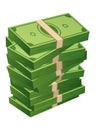 Cartoon money. Paper cash, bills. Keeping money in bank. Green banknotes wealth, accumulation and inheritance. Flat