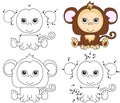 Cartoon monkey. Coloring book and dot to dot game for kids