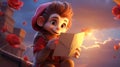 A cartoon monkey holding a romance letter and looking at it, AI