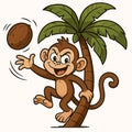 Cartoon monkey with a mischievious expression throwing a coconut. AI image. Royalty Free Stock Photo