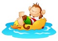 Cartoon monkey relaxing on duck lifebuoy in the water