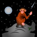 The Cartoon Monkey sits on a hill, with a raised hand gesture,