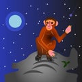 The Cartoon Monkey sits on a hill, with a raised hand gesture,
