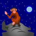 The Cartoon Monkey sits on a hill, with a raised hand. Night lan