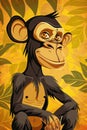 A cartoon monkey is sitting on a leafy background Royalty Free Stock Photo