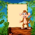 Cartoon monkey standing on hollow log near the empty framed signboard Royalty Free Stock Photo