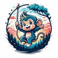 Cartoon monkey swinging. Nature background. Playful Royalty Free Stock Photo