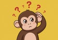 Cartoon Monkey Thinking with Question Marks on Yellow Background Royalty Free Stock Photo