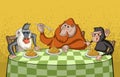 Cartoon monkeys eating spaghetti on restaurant table.