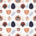 Cartoon monkeys seamless pattern. Exotic primates portraits with tropical plants leaves. Different breeds animals