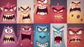 Cartoon monster characters with funny square faces. Abstract avatars with different emotions. Cute comic portraits of