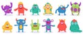 Cartoon monster characters. Halloween funny monsters, cute fluffy alien mascots, silly gremlin monsters, spooky Royalty Free Stock Photo