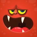 Cartoon monster devil face. Vector Halloween red monster avatar with open mouth with sharp teeth.