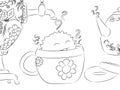 Cartoon monster drying tea cup samovar teapot coloring book