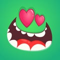 Cartoon monster face in love with a heart shaped eyes. Vector Halloween green zombie monster avatar for St. Valentine`s Day.