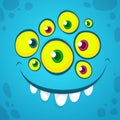 Cartoon monster face with many eyes. Vector Halloween blue monster avatar with wide smile Royalty Free Stock Photo