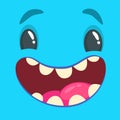 Cartoon monster face. Vector Halloween blue smiling monster avatar.