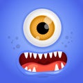 Cartoon monster face. Vector Halloween blue smiling fairy tale avatar. Vector illustration