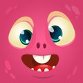 Cartoon monster face. Vector Halloween pink monster avatar.